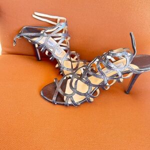 Jimmy Choo shimmer gunmetal heels. Double strap.